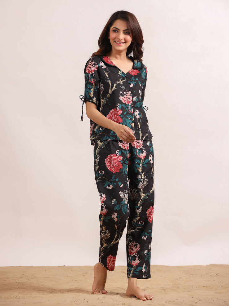 Black floral printed Cotton Printed Night Suit Set with Pajama