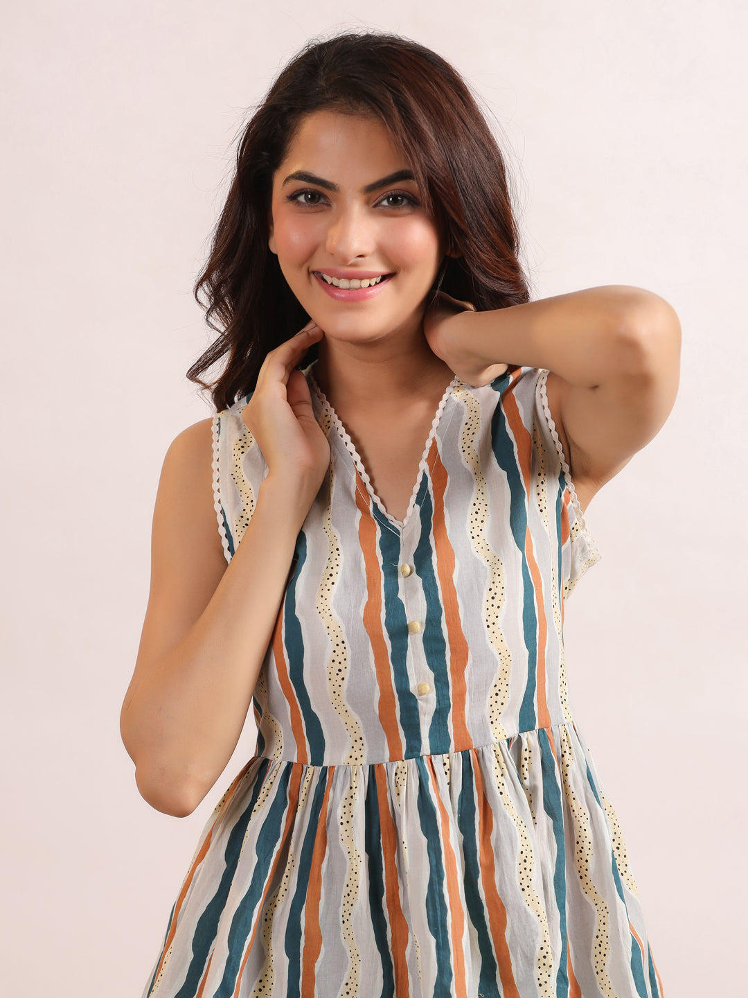 Women's Pure Cotton Multi Colour Striped Print Night suits