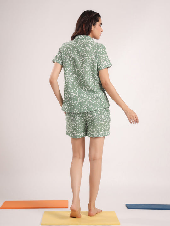 Green printed Night Suit Shirt & Shorts Set
