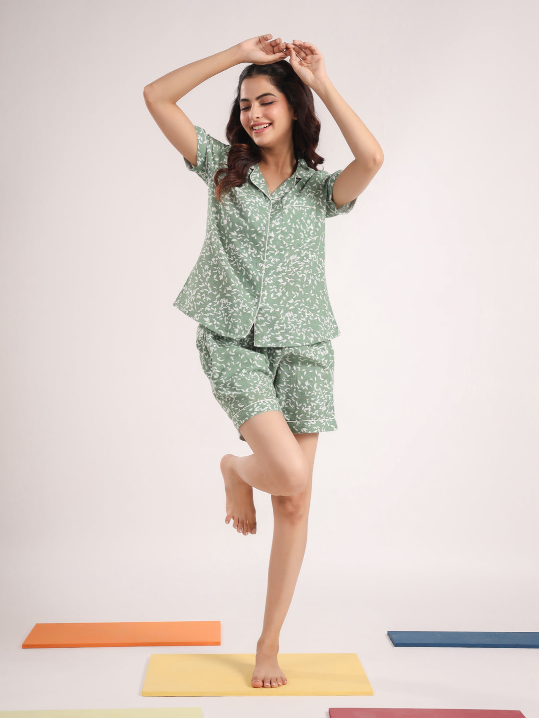 Green printed Night Suit Shirt & Shorts Set
