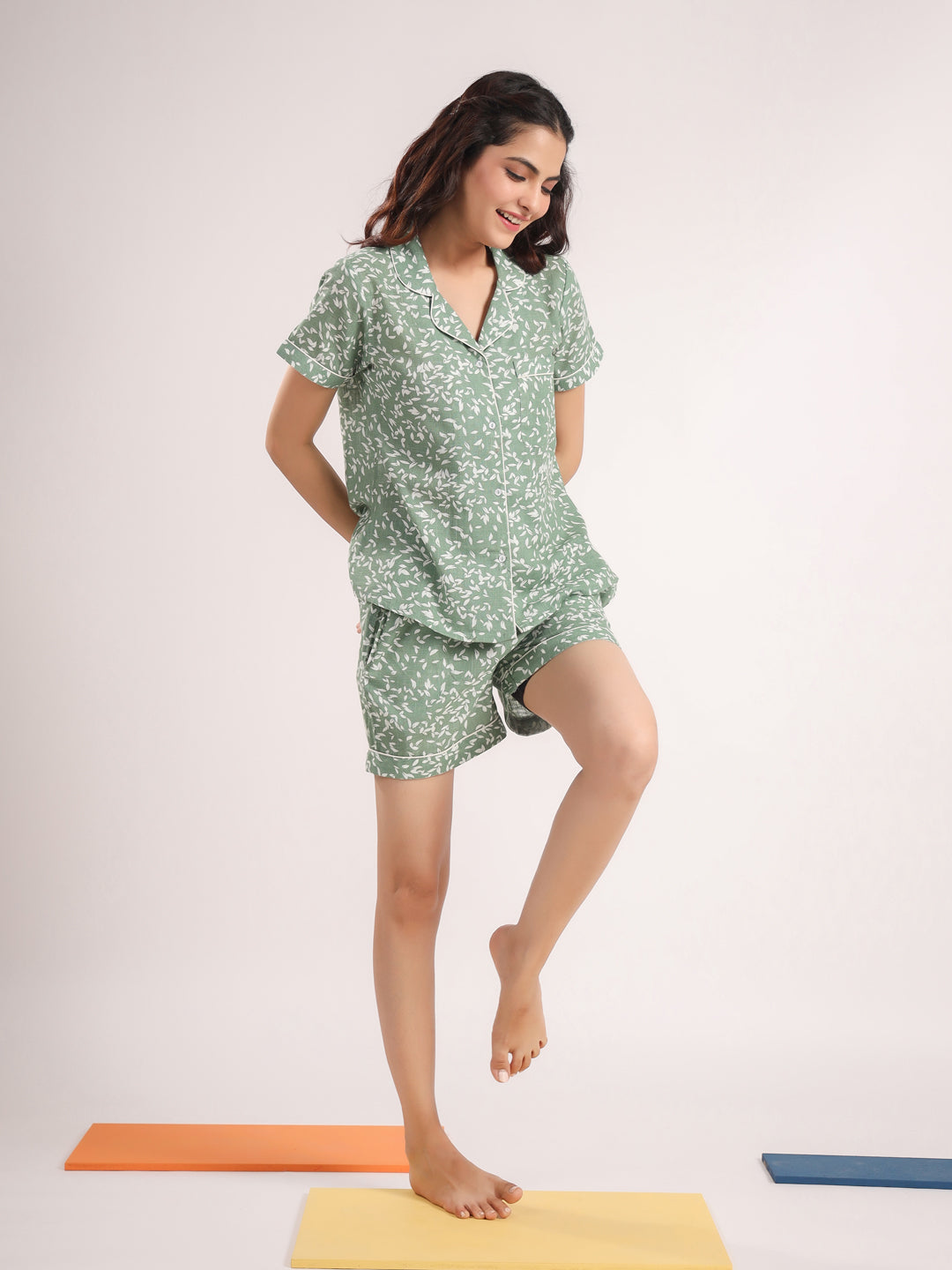 Green printed Night Suit Shirt & Shorts Set