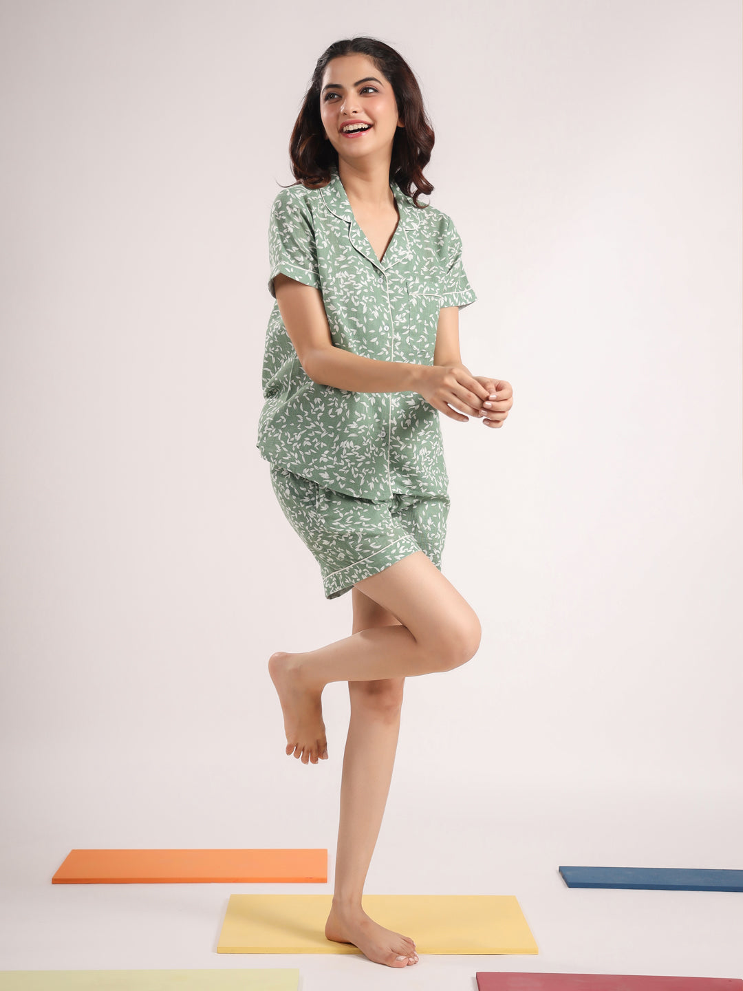 Green printed Night Suit Shirt & Shorts Set