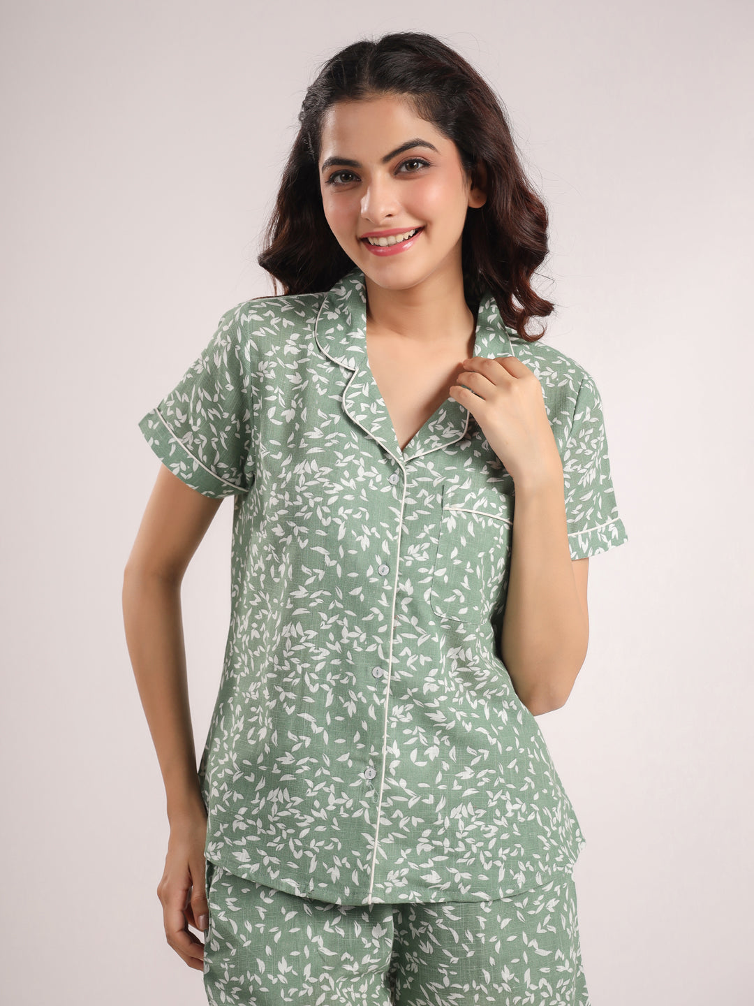 Green printed Night Suit Shirt & Shorts Set