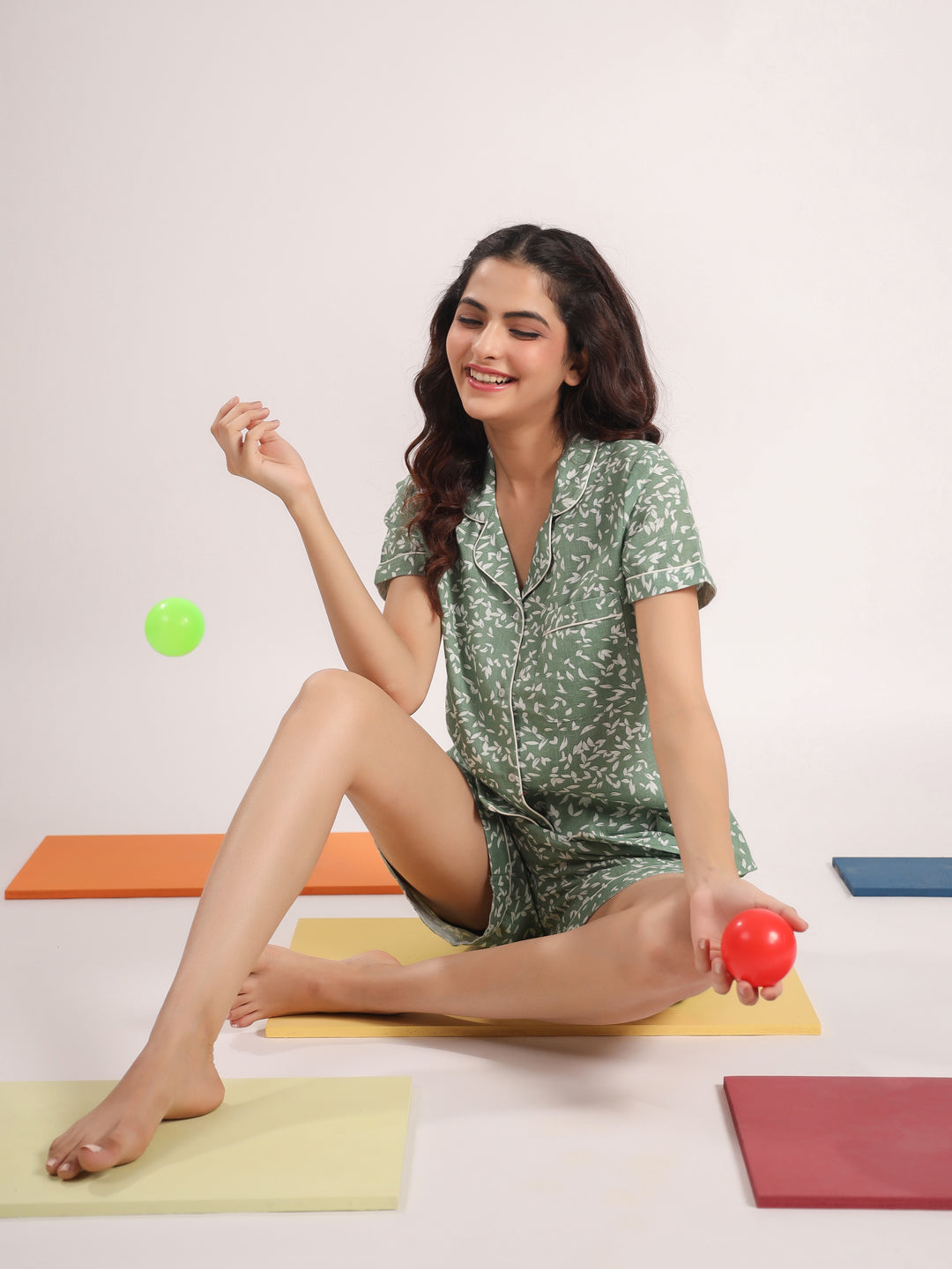 Green printed Night Suit Shirt & Shorts Set