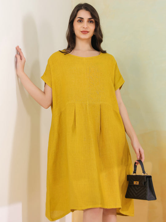 Yellow Solid Linen Blend Dress for Women