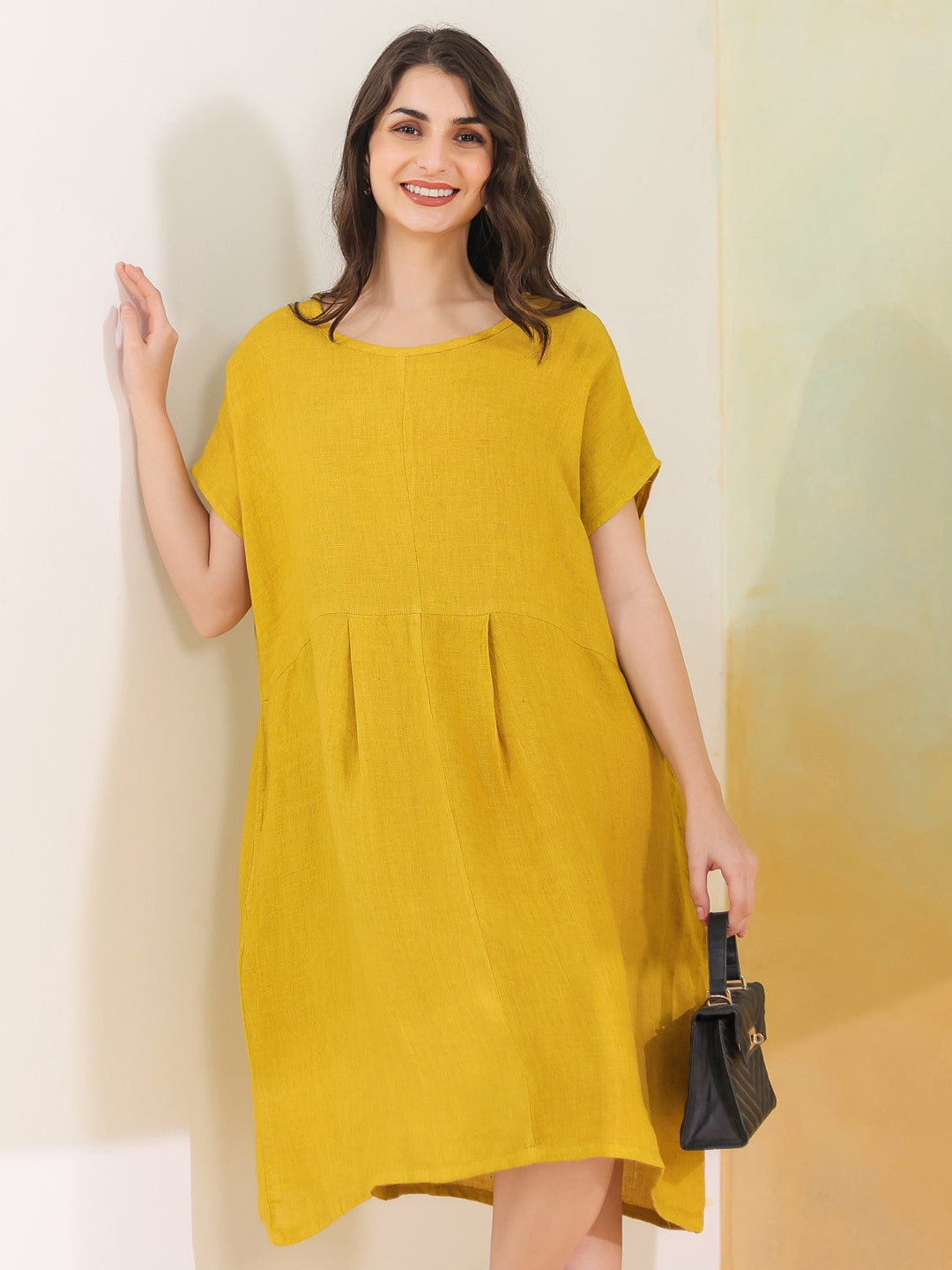 Yellow Solid Linen Blend Dress for Women