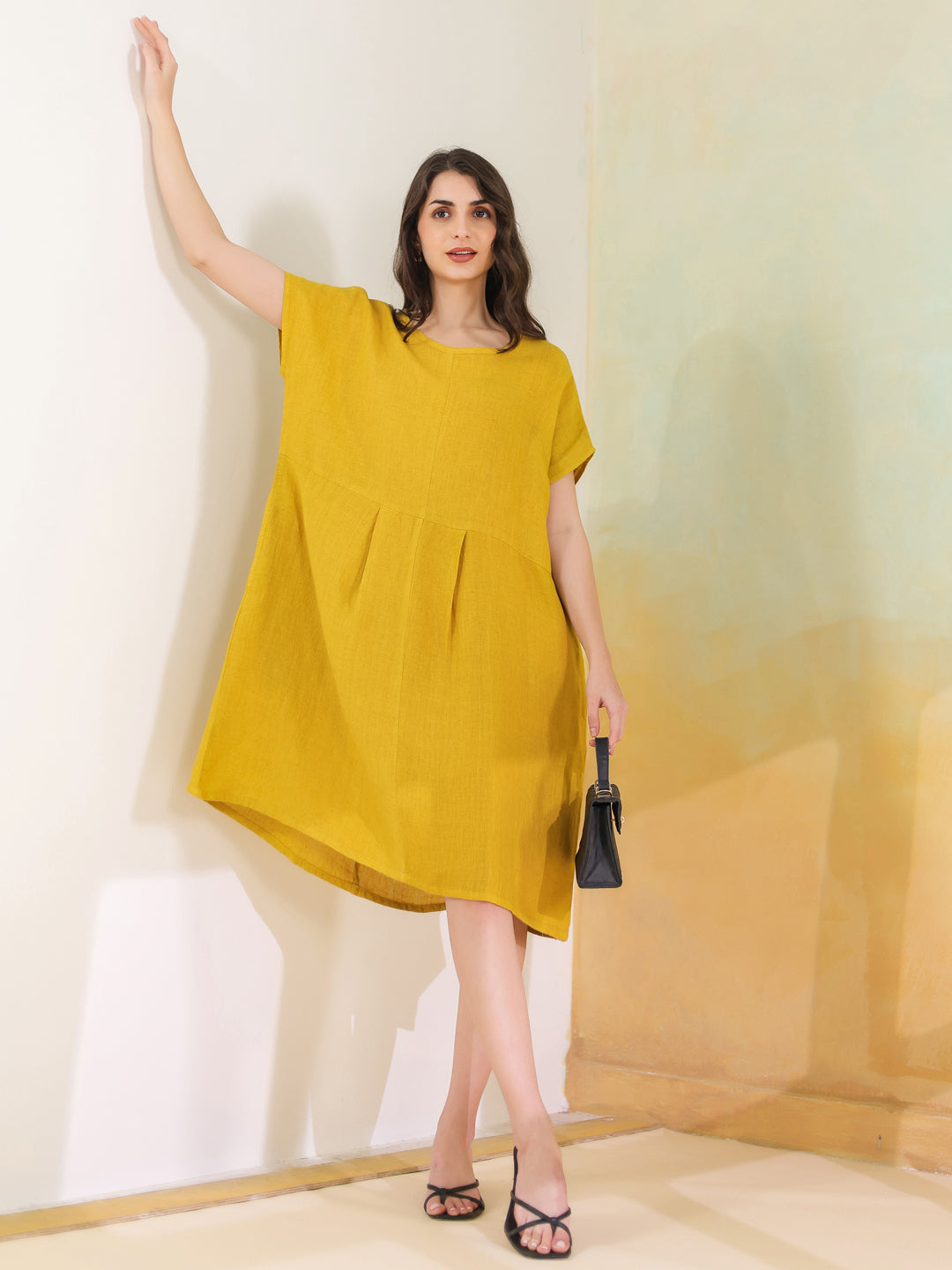 Yellow Solid Linen Blend Dress for Women