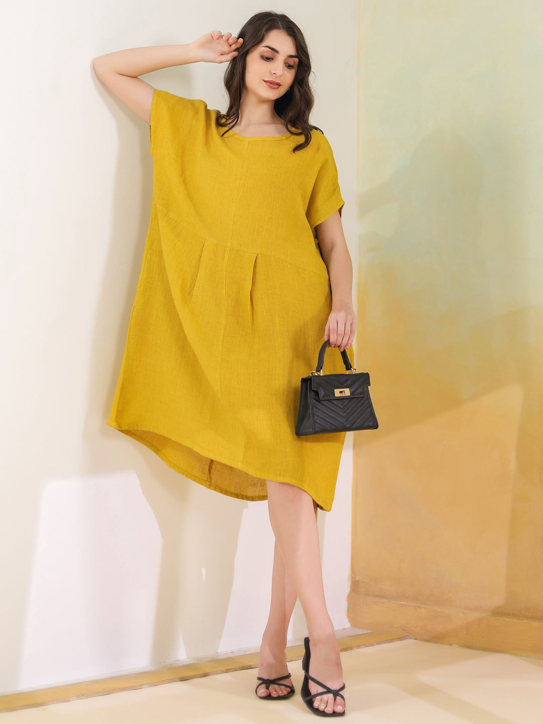 Yellow Solid Linen Blend Dress for Women