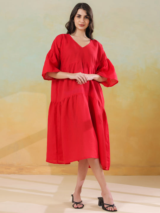 Red Color Linen Blend V-Neck Dress for Women