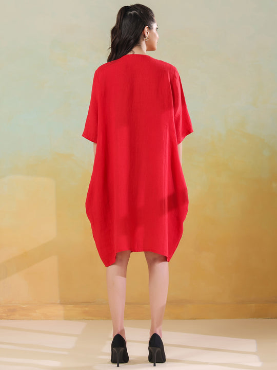 Red Round Neck Linen Blend Dress for Women