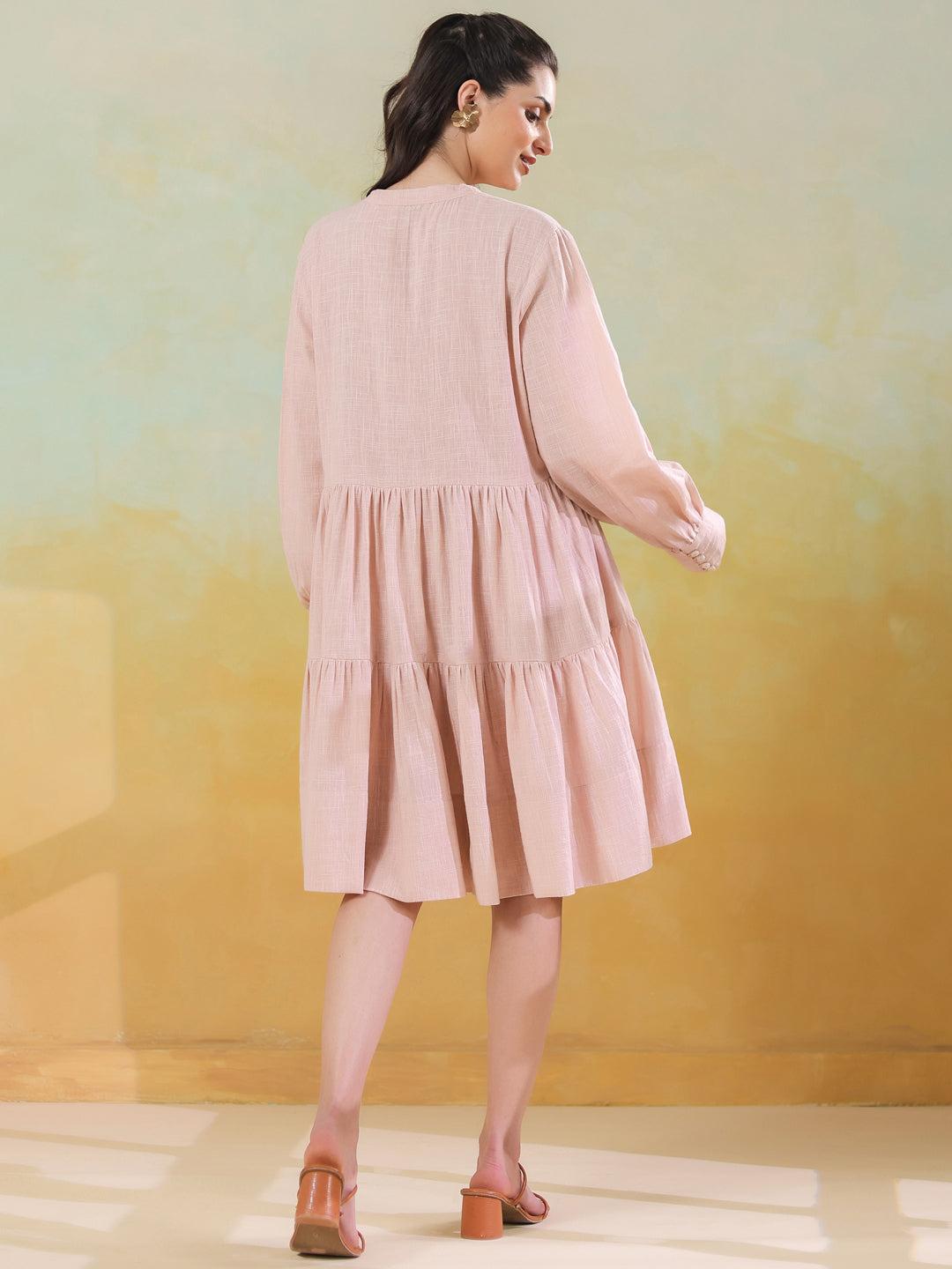 Pink Round Neck Solid Dress for Women