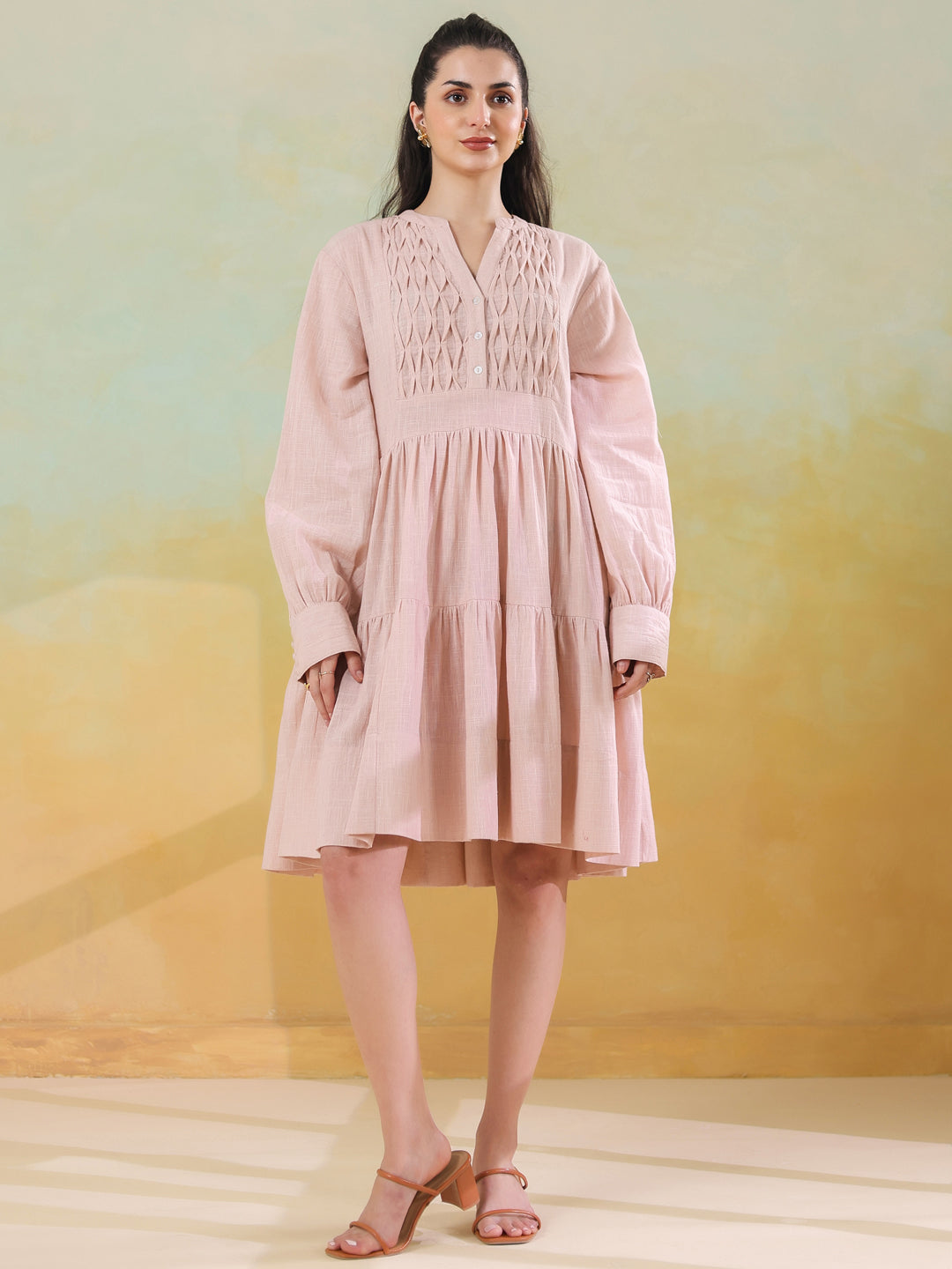 Pink Round Neck Solid Dress for Women