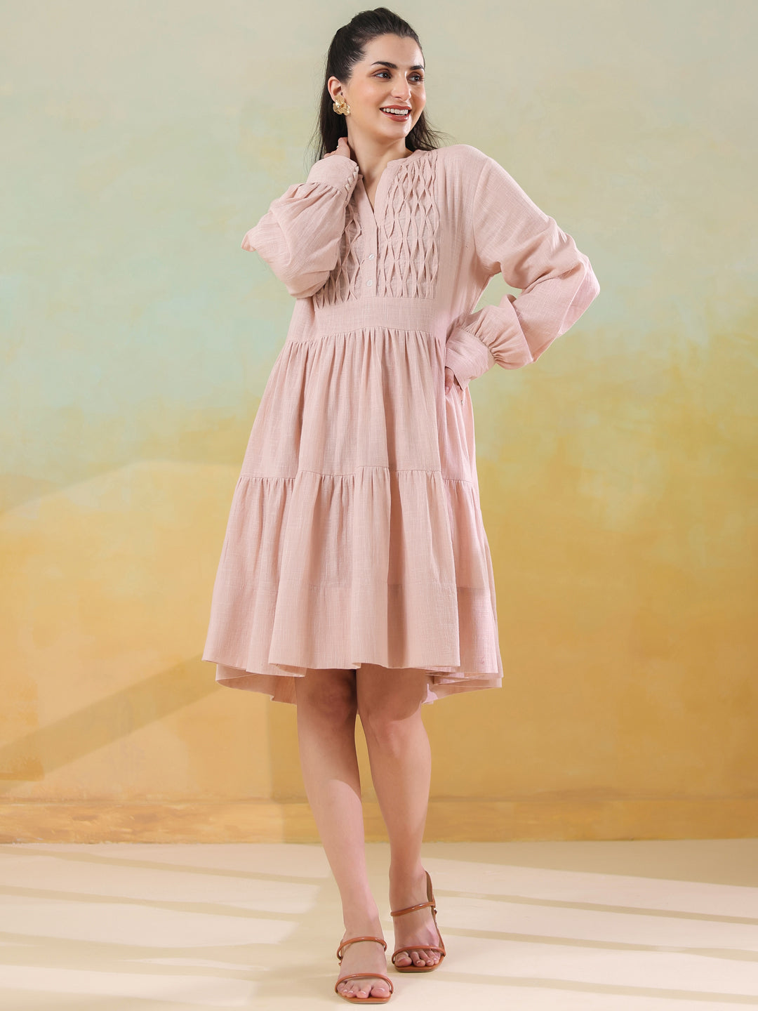Pink Round Neck Solid Dress for Women