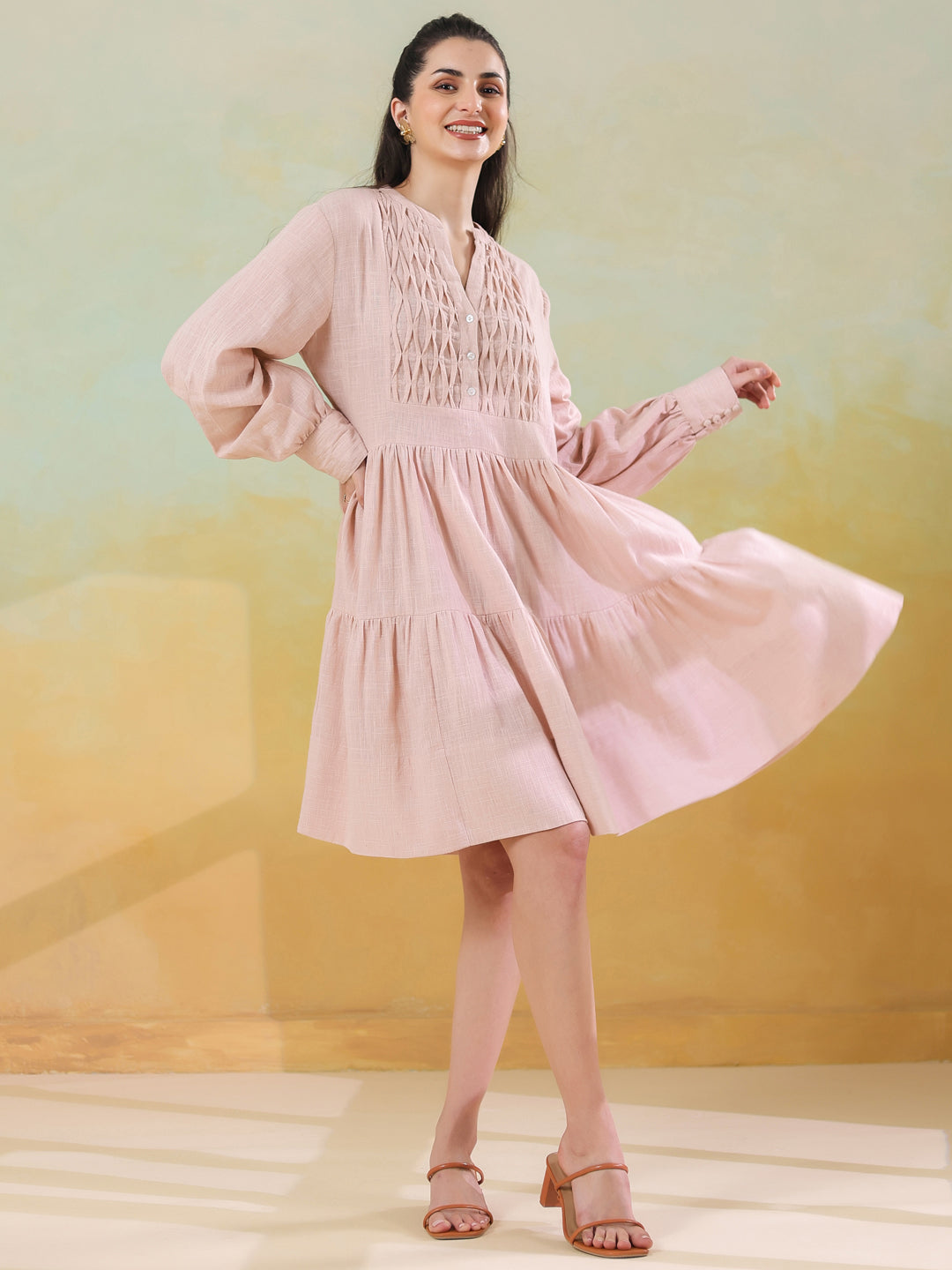 Pink Round Neck Solid Dress for Women