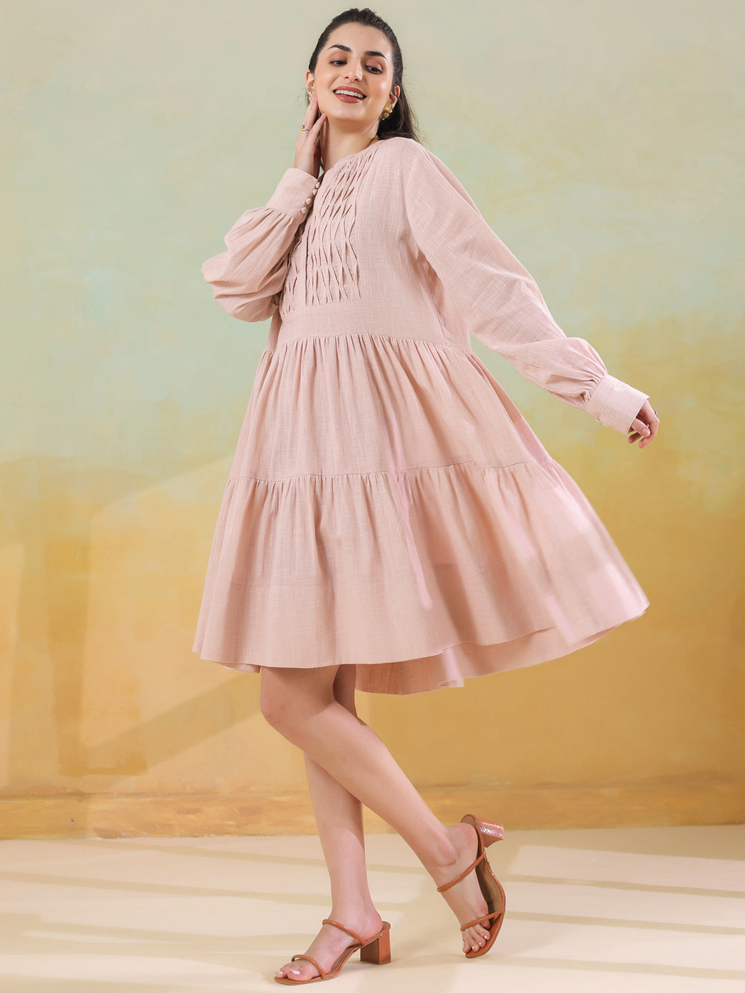 Pink Round Neck Solid Dress for Women