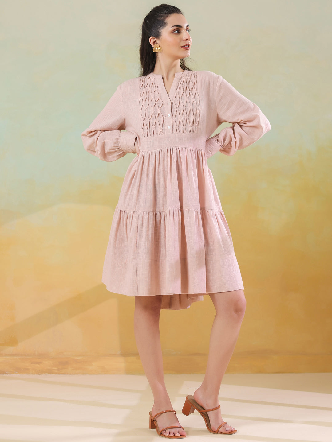 Pink Round Neck Solid Dress for Women