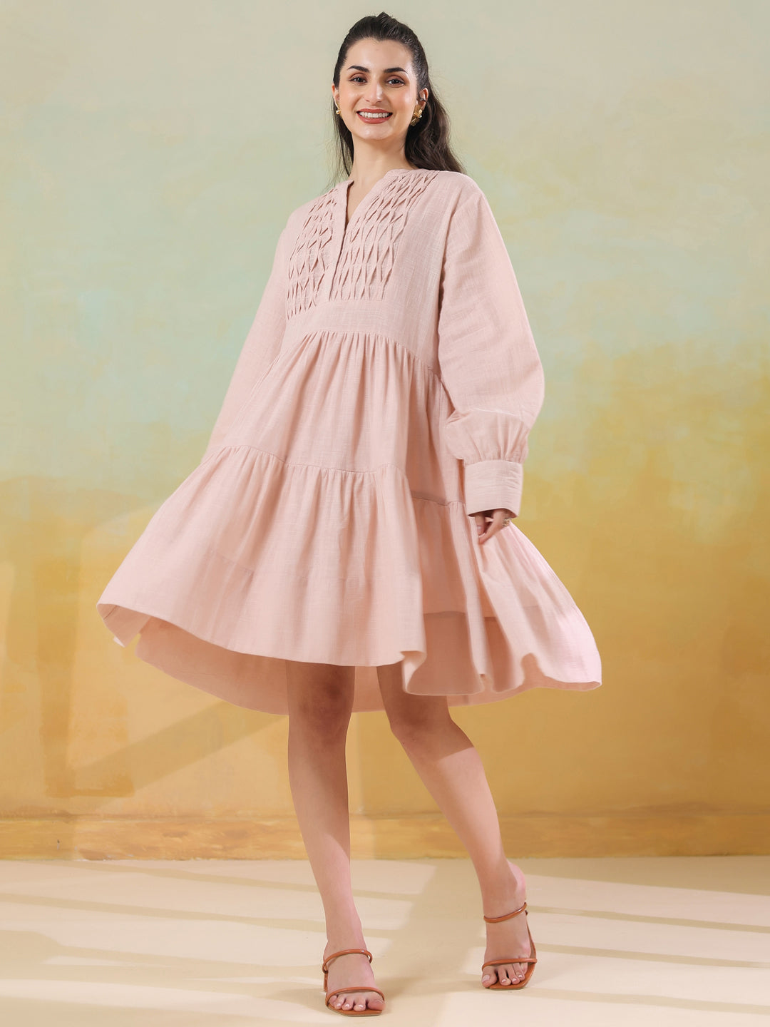 Pink Round Neck Solid Dress for Women
