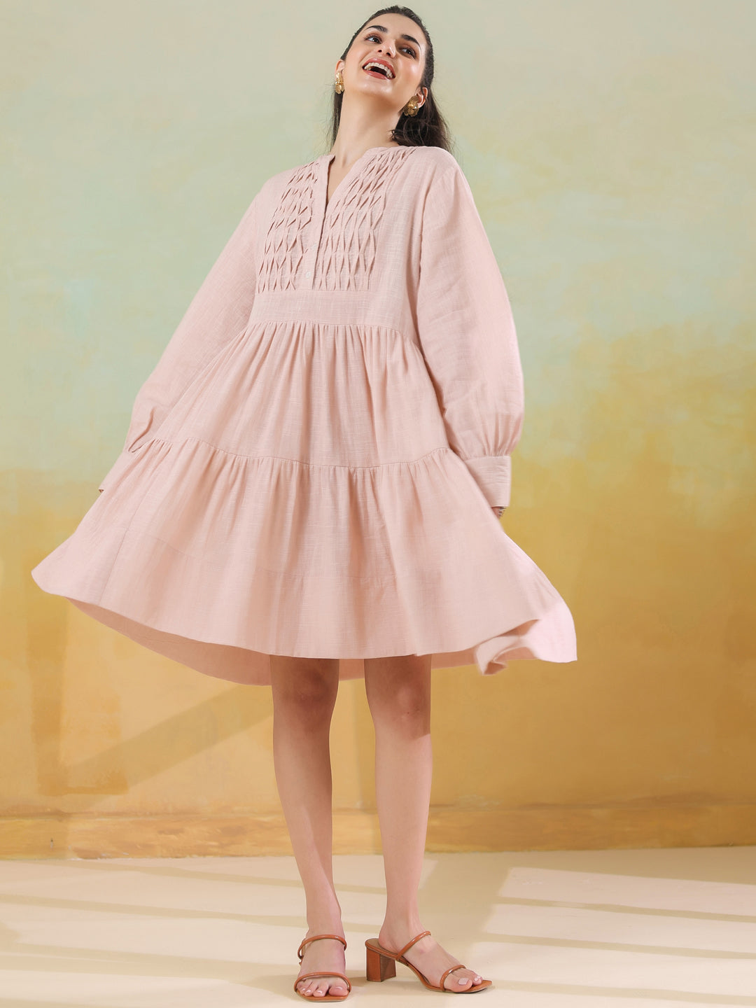Pink Round Neck Solid Dress for Women