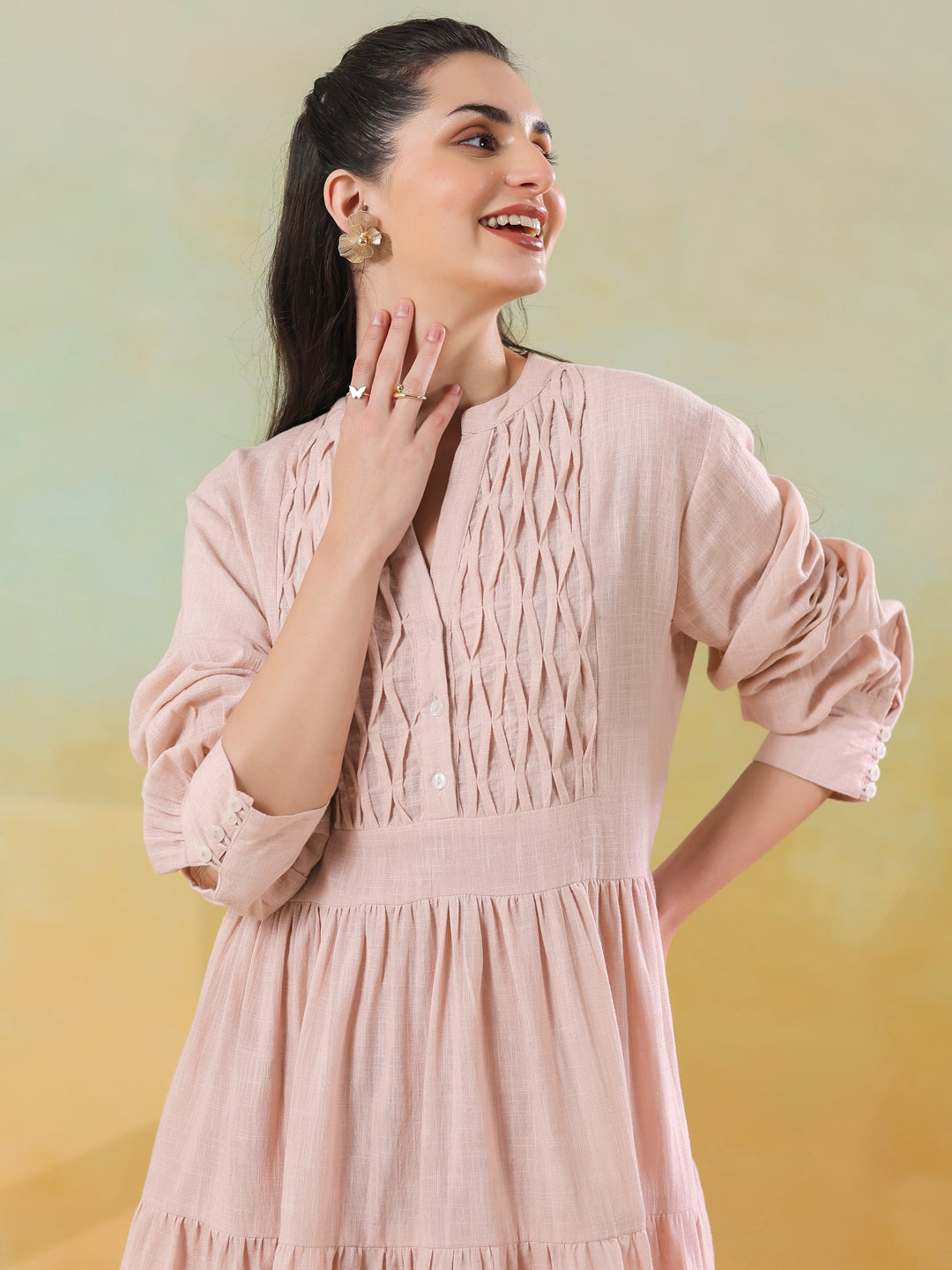 Pink Round Neck Solid Dress for Women