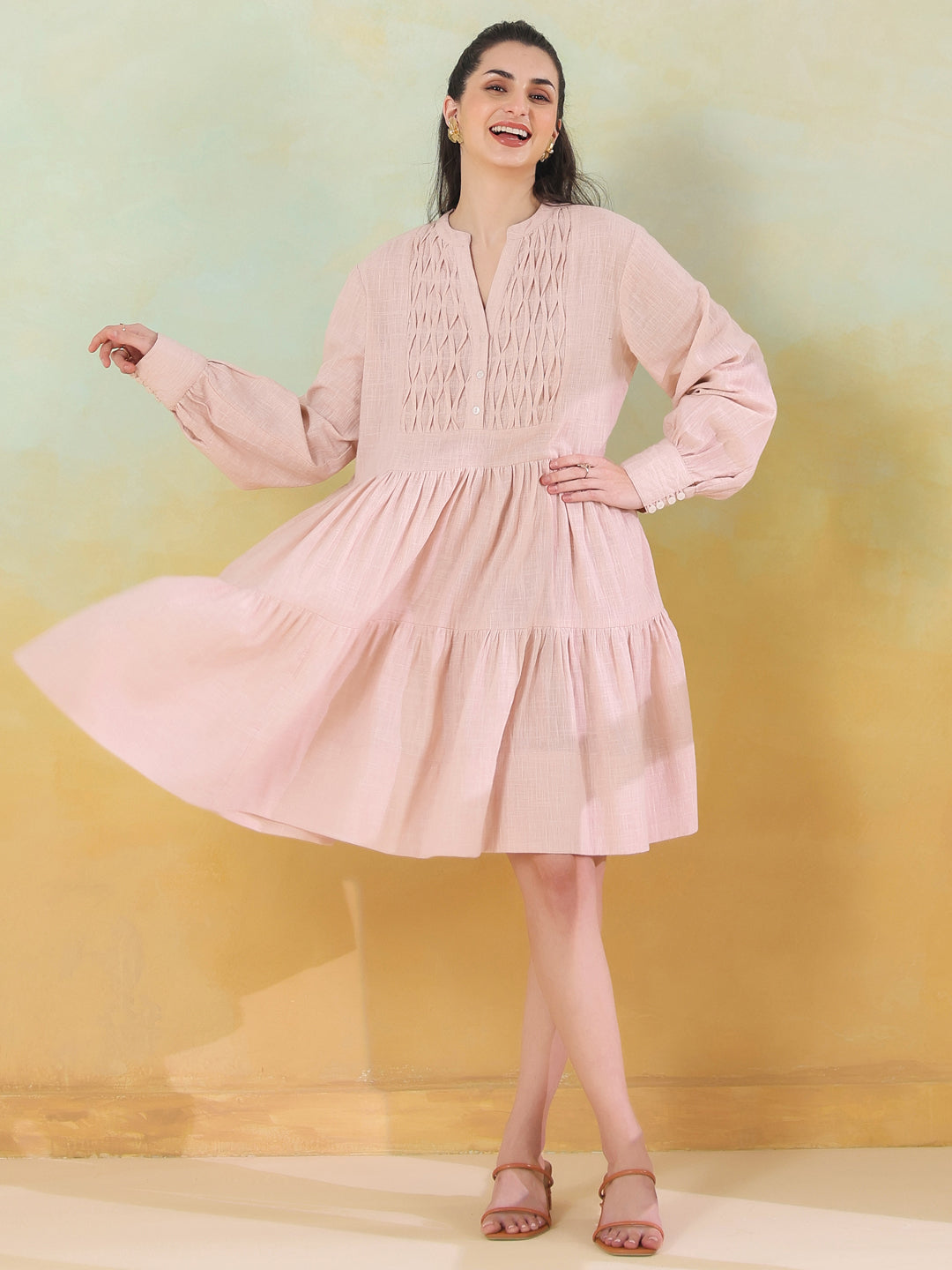 Pink Round Neck Solid Dress for Women