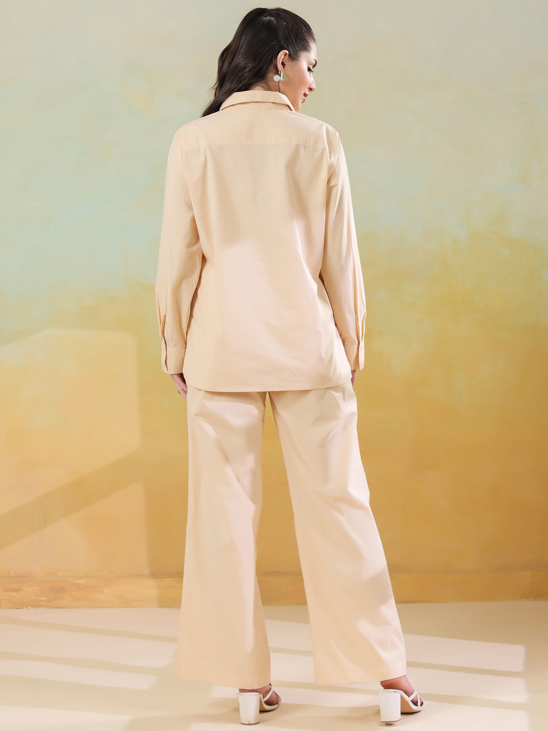 Cream Color Shirt Collar Pure Cotton Co-ords Set for Women