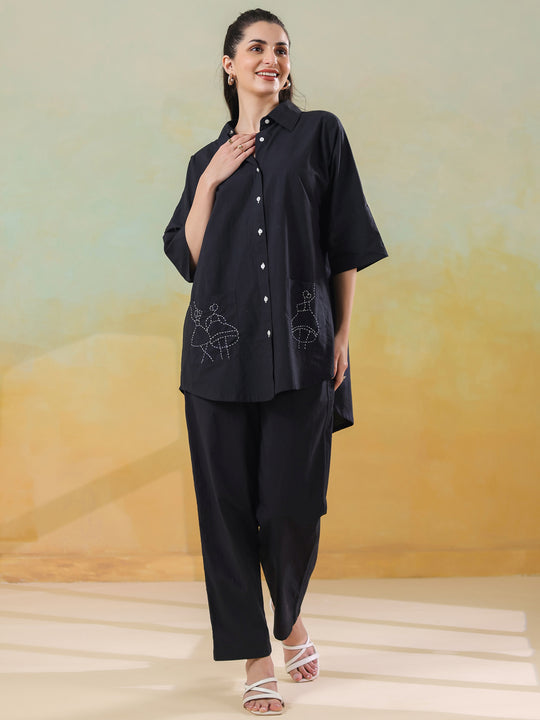 Black Color Shirt Collar Pure Cotton Co-ords Set for Women