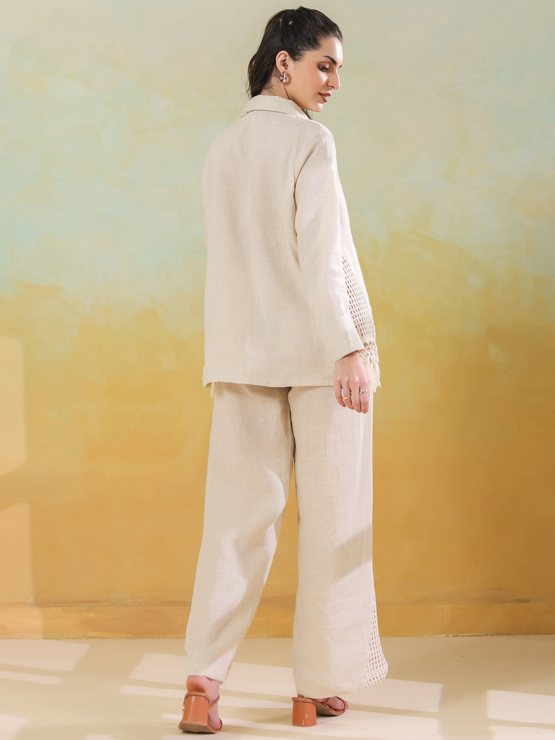 Cream Linen Shirt Collar Co-Ord-Set for Women