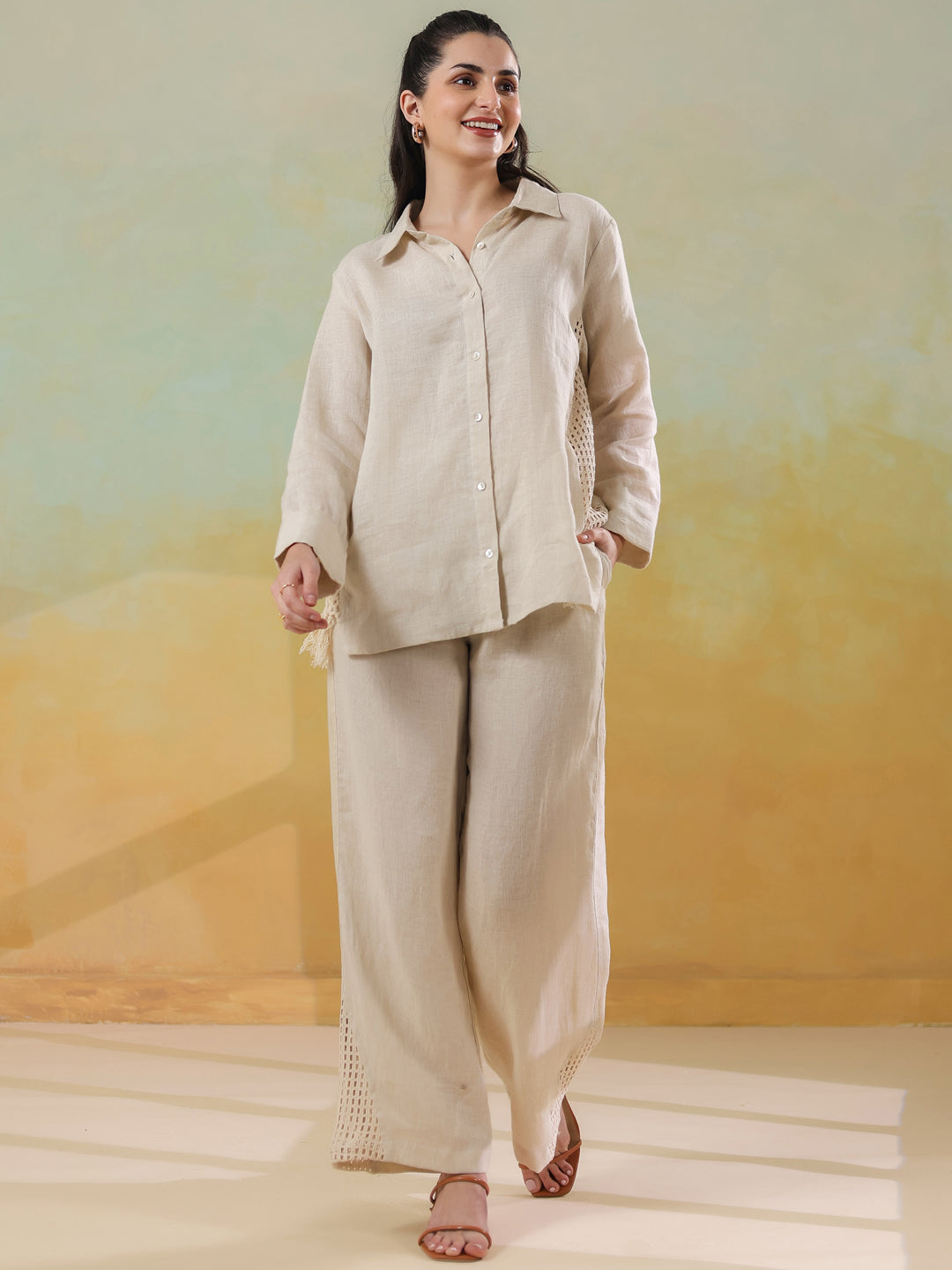 Cream Linen Shirt Collar Co-Ord-Set for Women