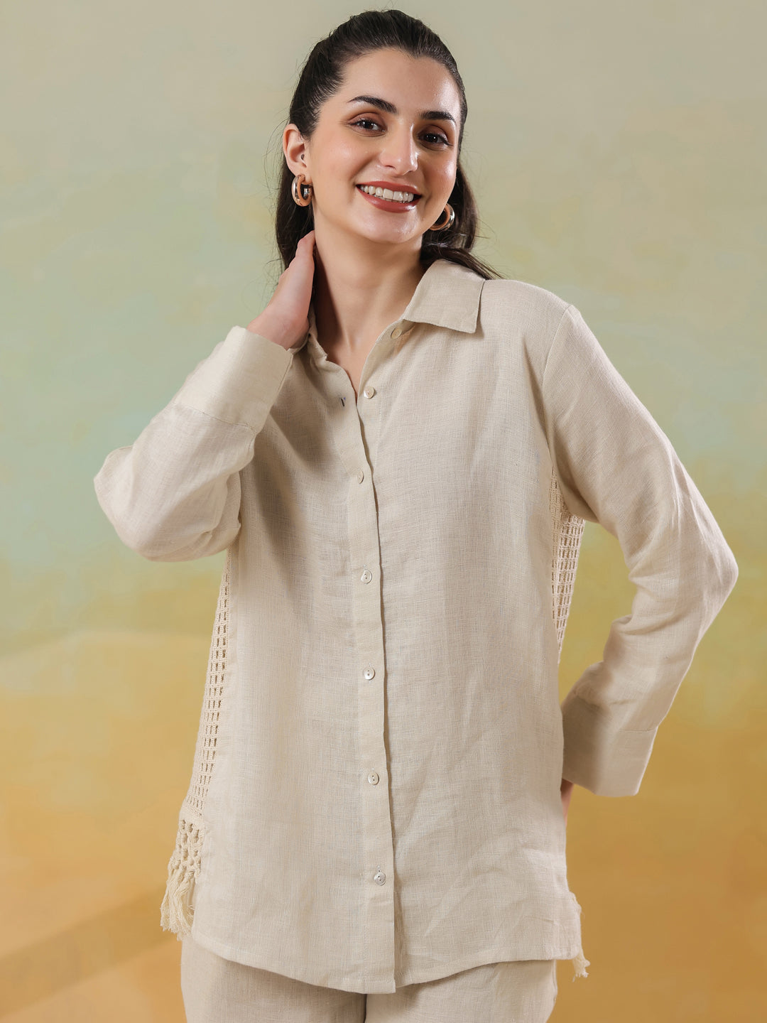Cream Linen Shirt Collar Co-Ord-Set for Women
