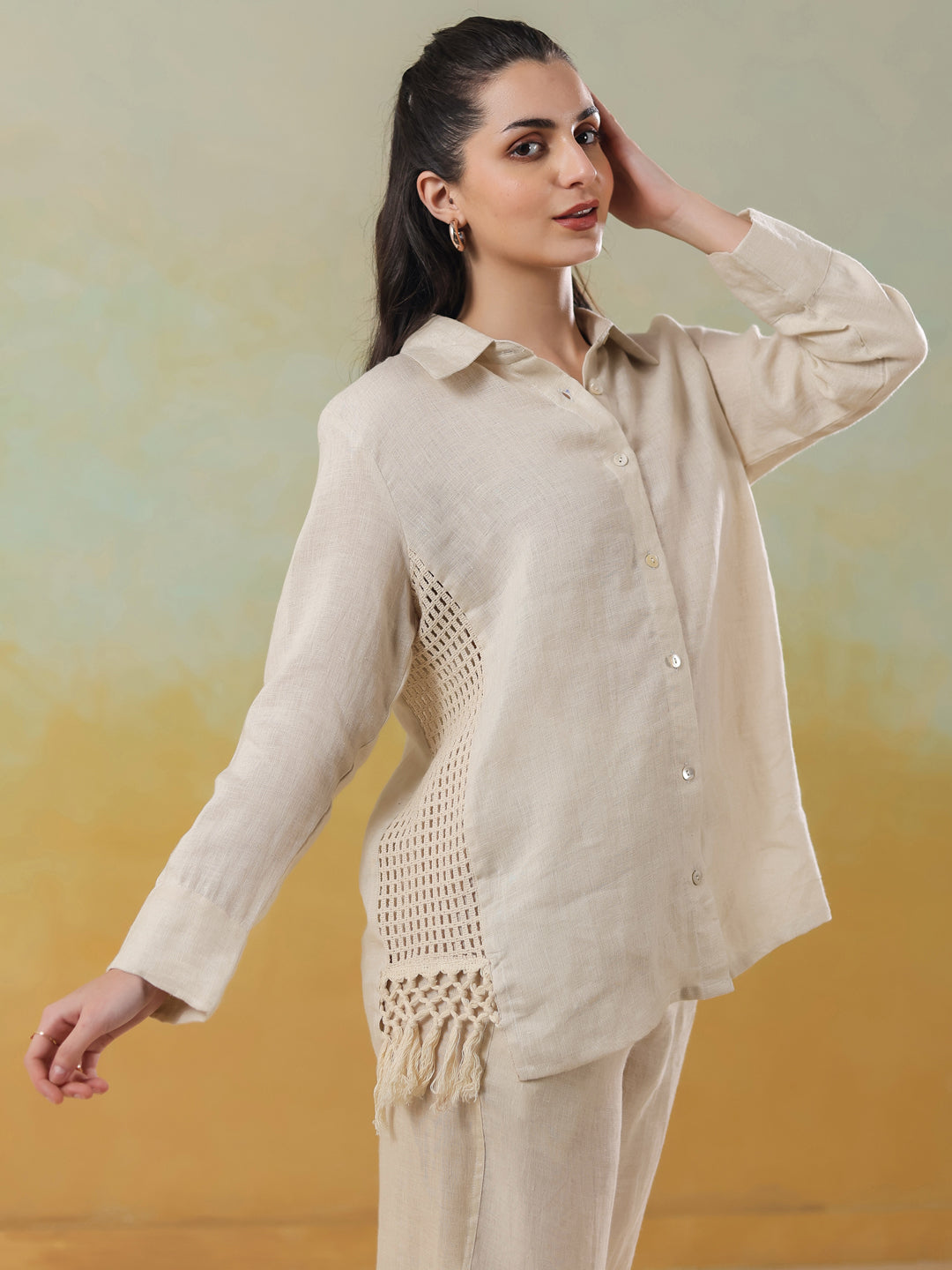 Cream Linen Shirt Collar Co-Ord-Set for Women