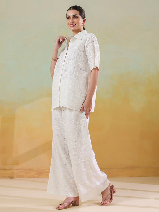 White Color Shirt Collar Pure Cotton Co-ords Set for Women