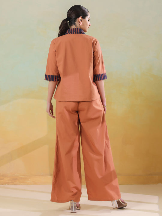 Brown Polyester Shirt Collar Co-Ord Set For Women
