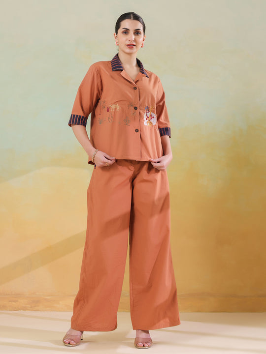 Brown Polyester Shirt Collar Co-Ord Set For Women