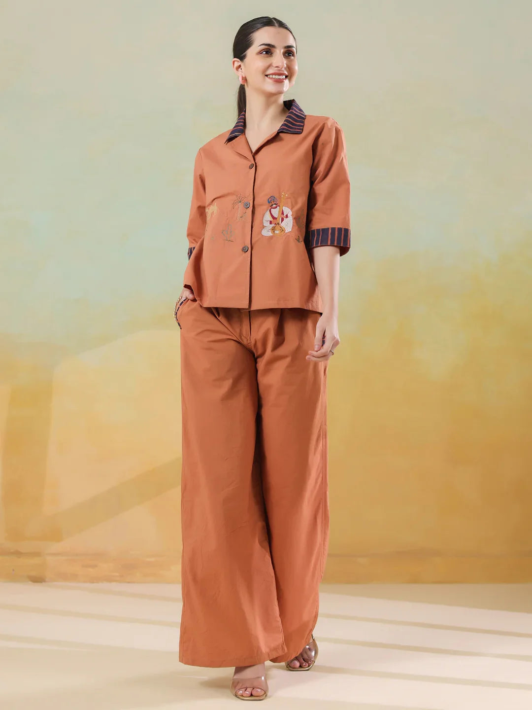 Brown Polyester Shirt Collar Co-Ord Set For Women - SanskrutiHomes 