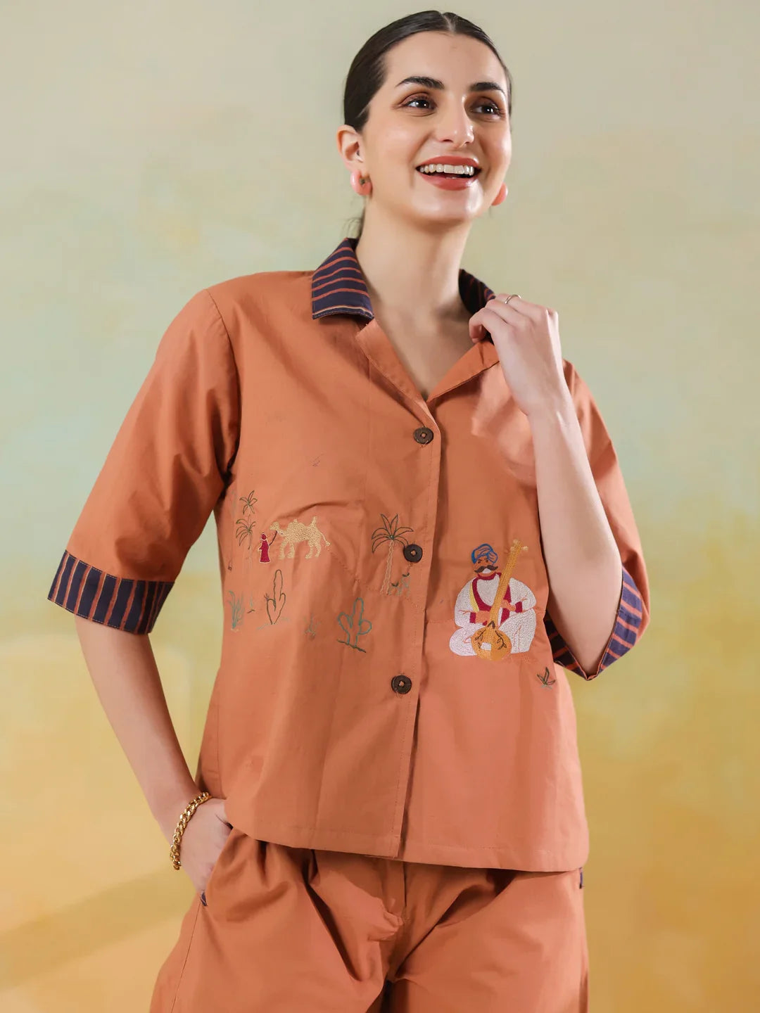 Brown Polyester Shirt Collar Co-Ord Set For Women - SanskrutiHomes 