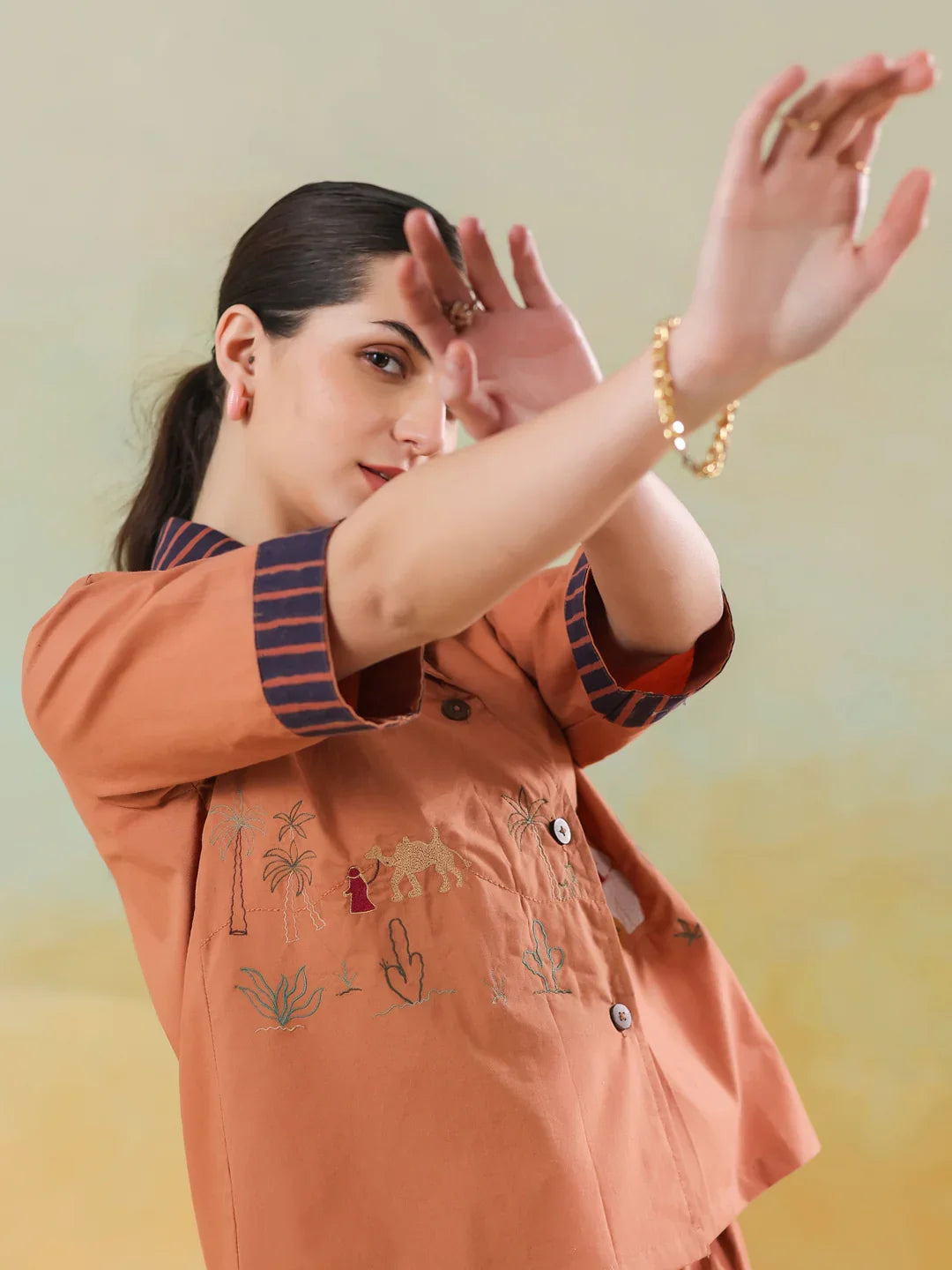 Brown Polyester Shirt Collar Co-Ord Set For Women - SanskrutiHomes 