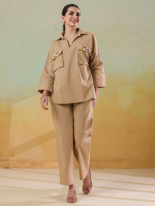 Cream Color Shirt Collar Polyester Co-ords Set for Women