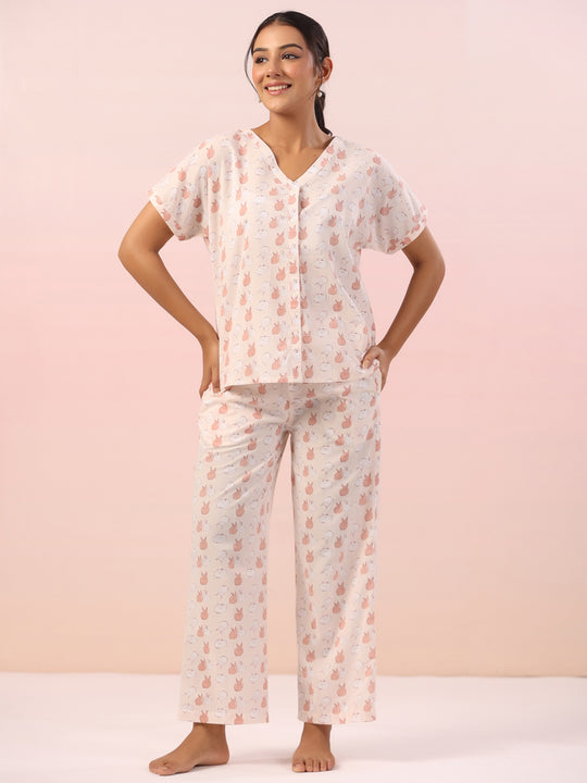 Pink Animal Print Cotton Night Suit