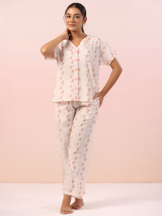 Pink Animal Print Cotton Night Suit