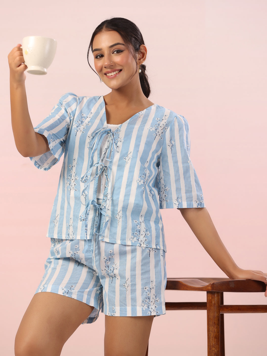 Blue Striped Printed Cotton Night Suit Shorts Set
