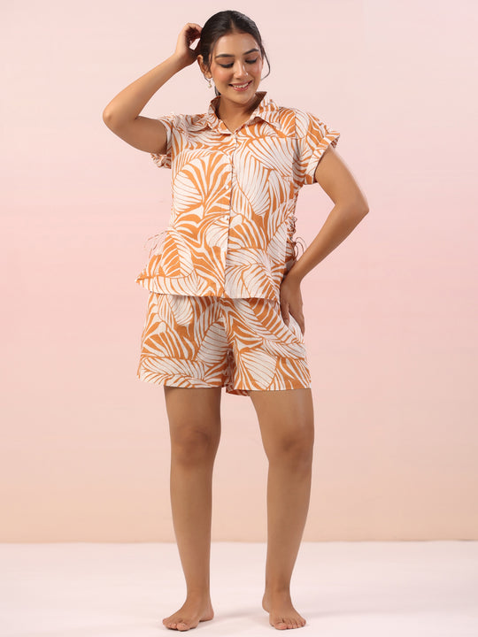 Orange Leaf Printed Night Suit with Shorts