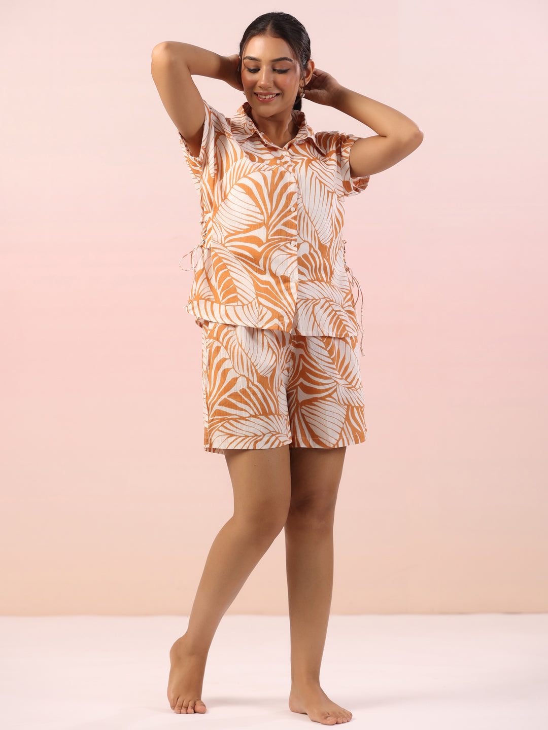Orange Leaf Printed Night Suit with Shorts
