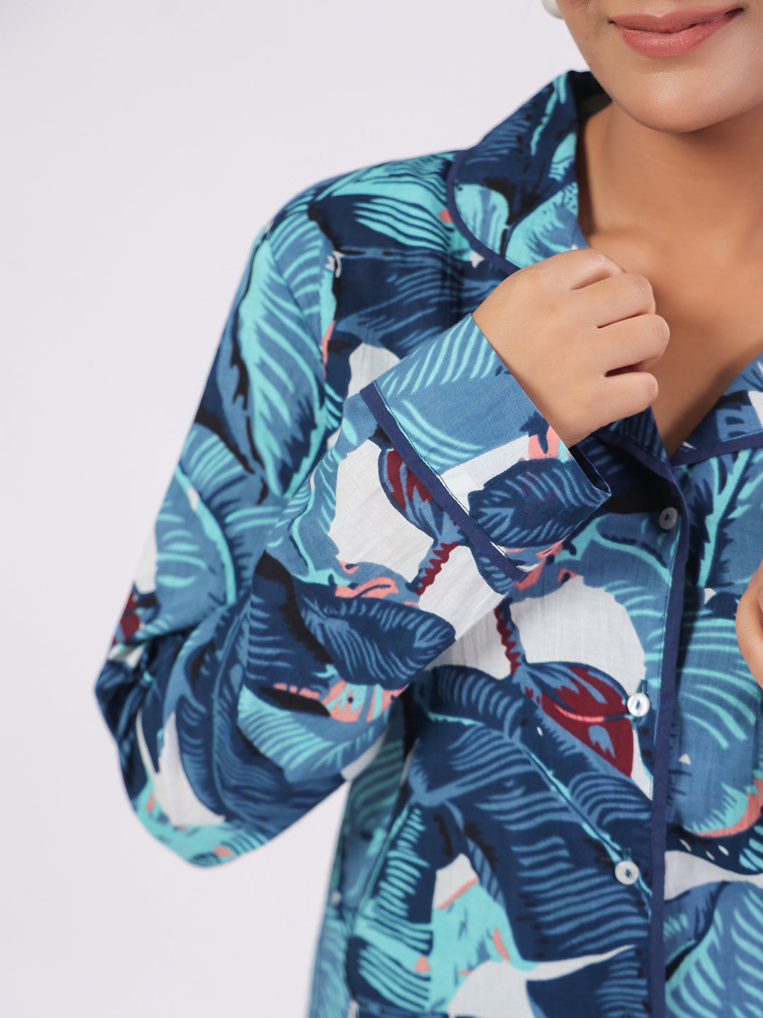 Blue Flower Printed Night Suit Set for Women