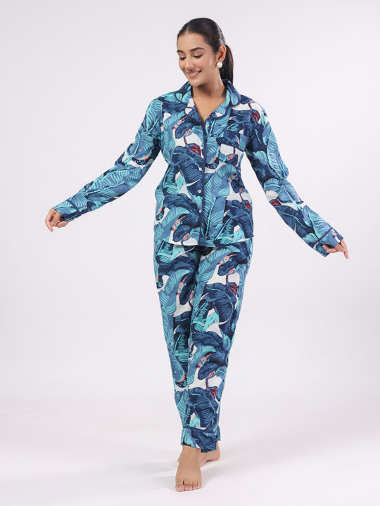 Blue Flower Printed Night Suit Set for Women
