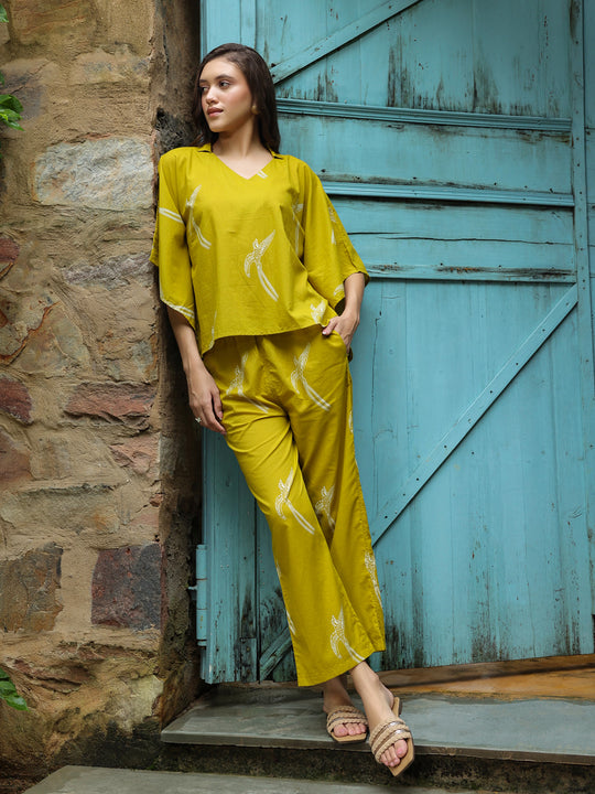 Yellow Printed Cotton Night Suit Set