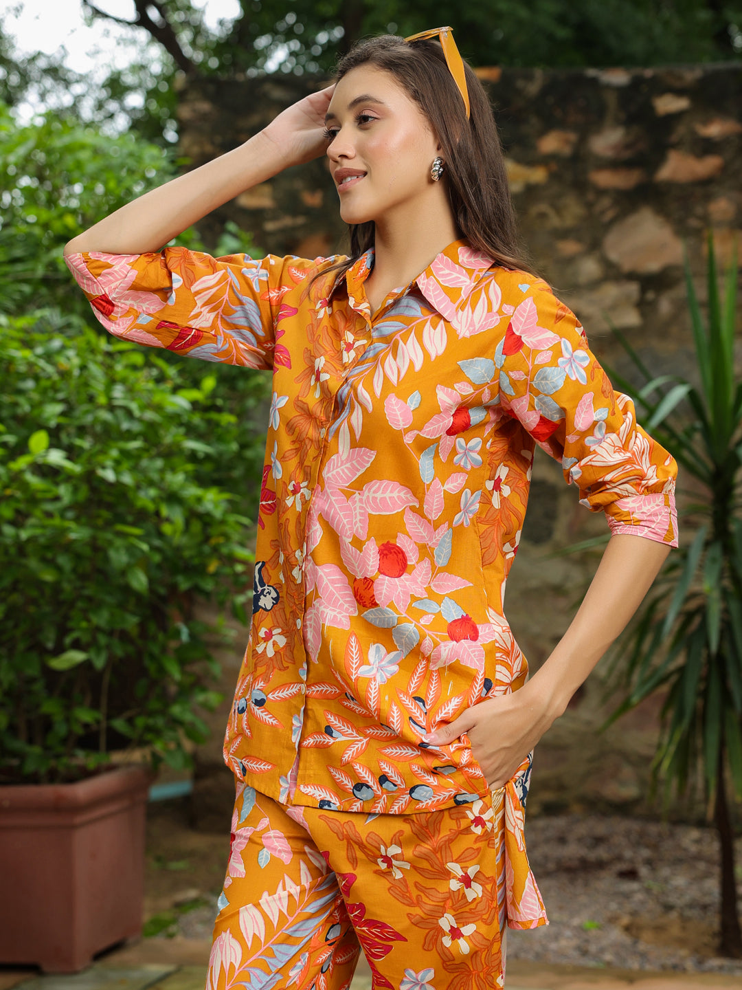 Orange Floral Printed Co-ords Set - SanskrutiHomes 