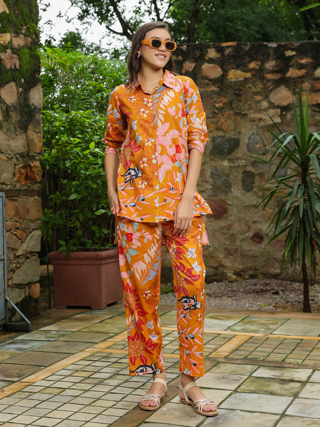 Orange Floral Printed Co-ords Set - SanskrutiHomes 