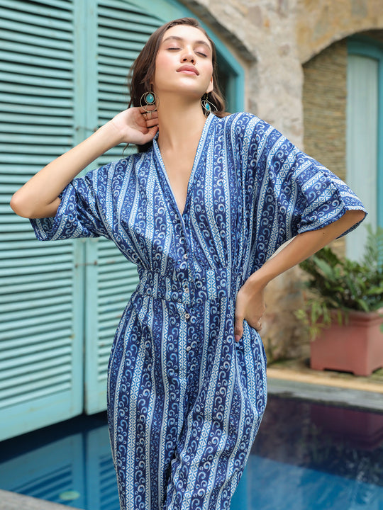 Blue Printed Cotton Jumpsuit for Women