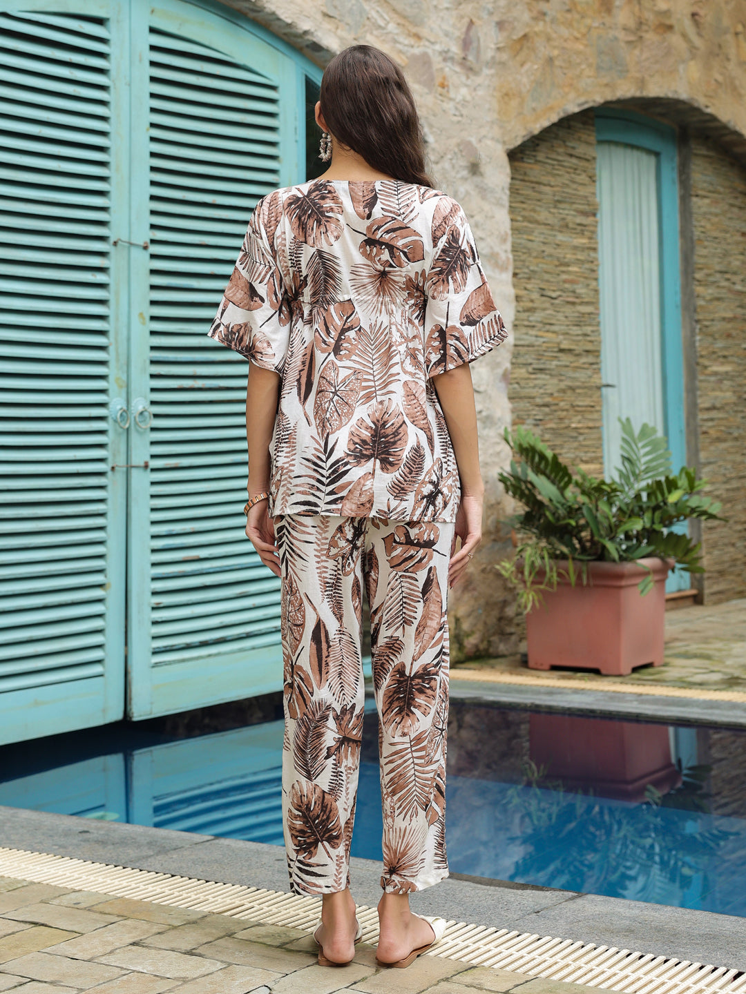 Brown Printed Kaftan Night Suit Set for Women
