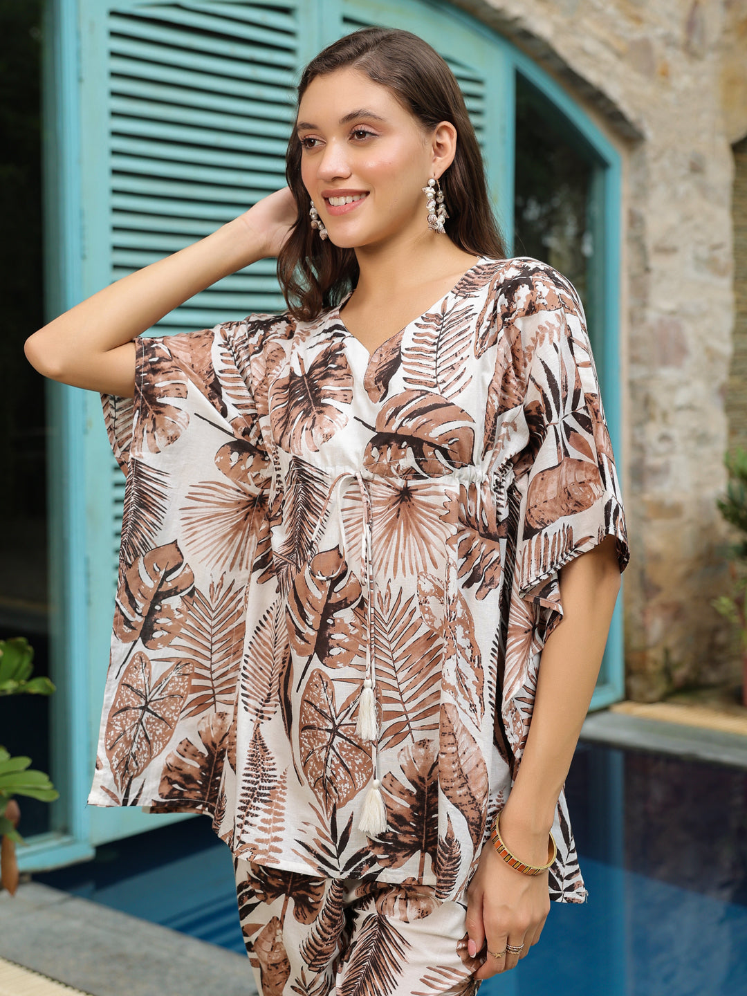 Brown Printed Kaftan Night Suit Set for Women